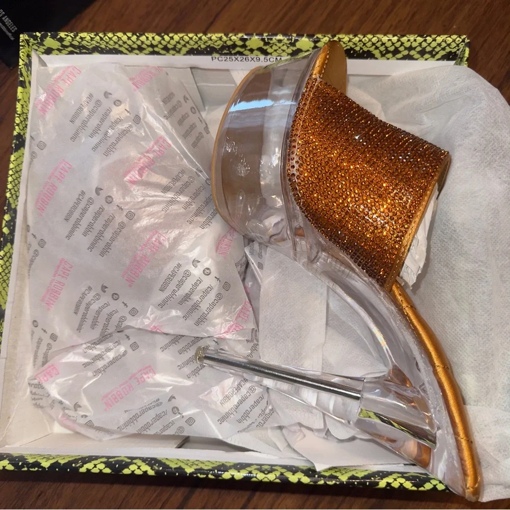 Y2K Glam Bronze Crystal Rhinestone Clear Platform Mules